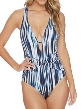 Athena Blue & White Horizon Striped Open back One-Piece Swimsuit Size 10 NWT